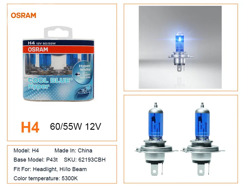 OSRAM H7 H4 H1 H11 HB3 9005 HB4 9006 Lampadina Alogena per Fari Auto, Luce Abbagliante/Anabbagliante 5300K 12V 55W, Bianco Hyper Cool Blue (2 Pezzi)
