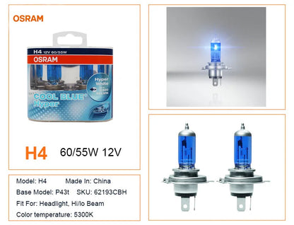 OSRAM H7 H4 H1 H11 HB3 9005 HB4 9006 Lampadina Alogena per Fari Auto, Luce Abbagliante/Anabbagliante 5300K 12V 55W, Bianco Hyper Cool Blue (2 Pezzi)