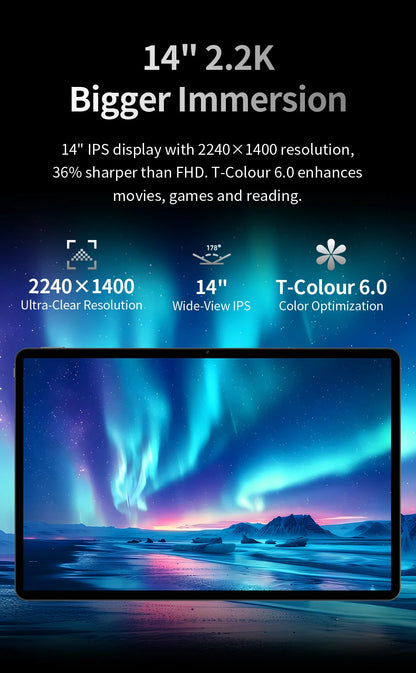 Tablet Teclast T70 Pro con Android 16 e tecnologia Gemini AI, display IPS da 14 pollici, T70Pro, doppia SIM 4G LTE, WiFi 2,4 GHz/5 GHz, Bluetooth 5.2, navigazione GPS, processore G100 Octa Core, 8 GB di RAM, 128 GB di memoria