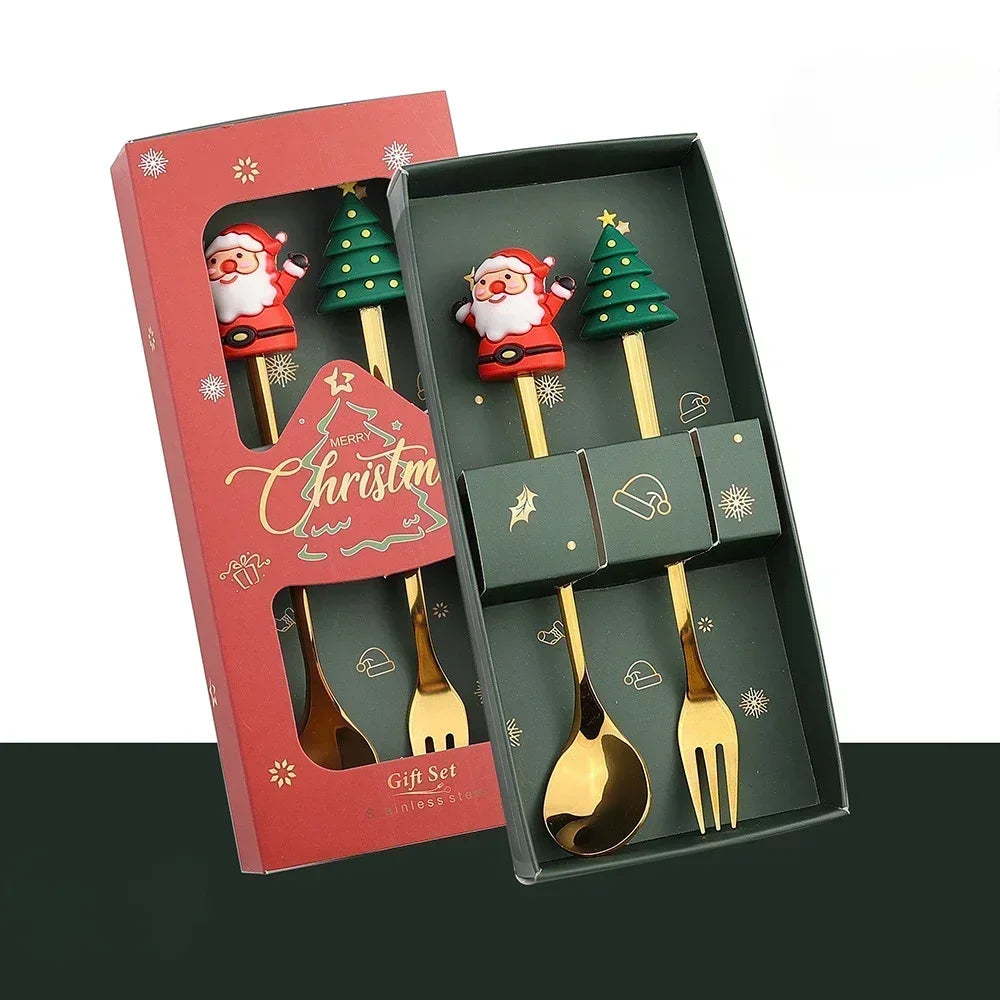 Set cucchiaio e forchetta natalizio in acciaio inossidabile caffè tè utensili da dessert confezione regalo design albero di Babbo Natale facile da pulire     6/4/2/1PZ