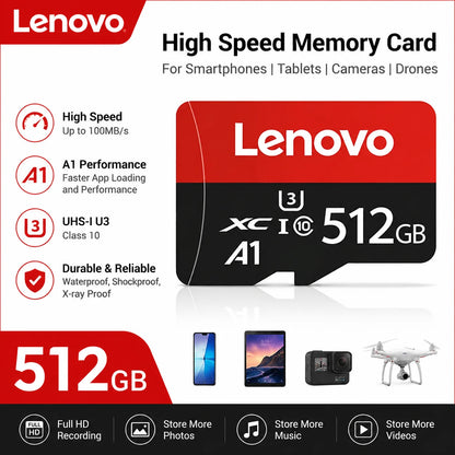 Scheda di memoria SD Lenovo ad alta velocità, 1 TB, 512 GB, scheda di memoria flash TF, 128 GB, 64 GB, classe 10, U3, per registrazione in 4K, resistente agli urti, per fotocamere, tablet e console.