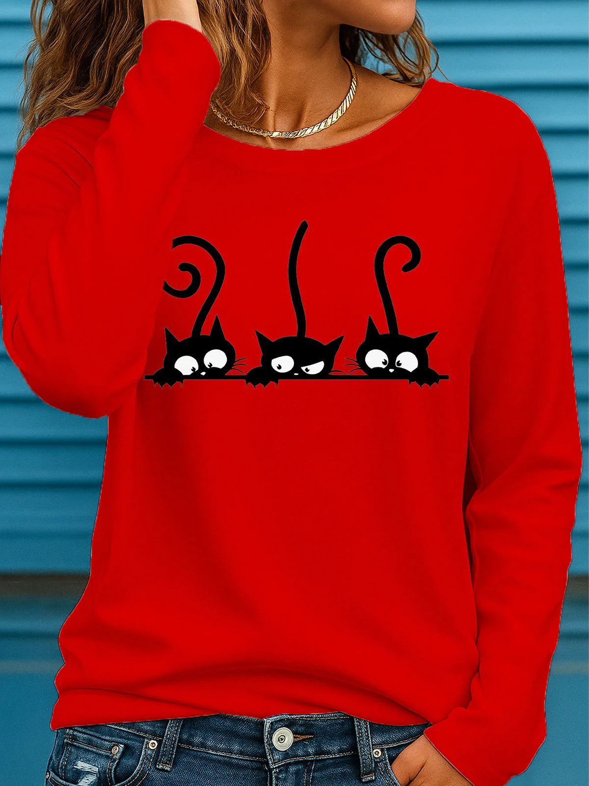 T-shirt da donna in 100% puro cotone, ideale per la primavera e l'autunno, comoda, casual, alla moda, con maniche lunghe, stampa grafica a tema felino e scollo rotondo.