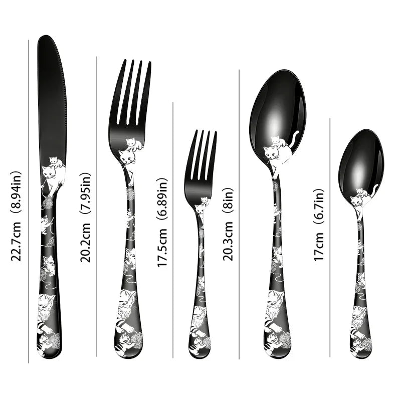Set di posate in acciaio inossidabile con incisione laser Rose Cat, 4/15/25/40 pezzi, coltello, forchetta, cucchiaio, per coppie, stoviglie per feste