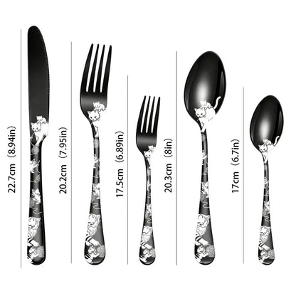 Set di posate in acciaio inossidabile con incisione laser Rose Cat, 4/15/25/40 pezzi, coltello, forchetta, cucchiaio, per coppie, stoviglie per feste
