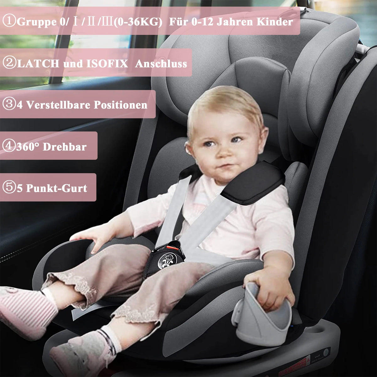Seggiolino Auto per Bambini AP01 ECE ISOFIX KL005 con Rotazione a 360 Gradi °   Cintura Girevole a 5 Punti 9-36kg 0-12 Anni