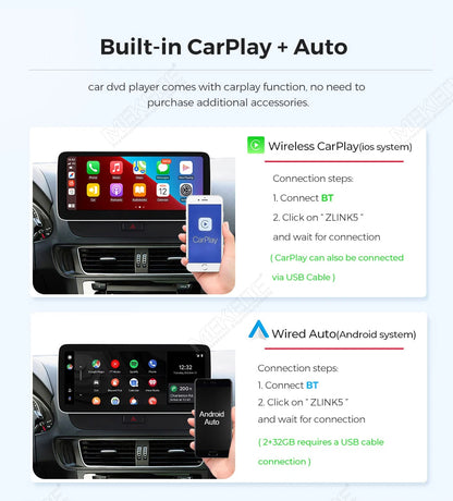 Schermo da 8,8 pollici, stile originale, sistema multimediale wireless con CarPlay e Android Auto per Audi Q5 2010-2017, 4G LTE, WiFi, BT, navigazione GPS, autoradio Android, lettore video 4K.