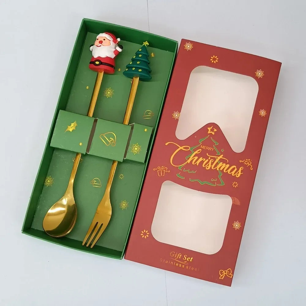Set cucchiaio e forchetta natalizio in acciaio inossidabile caffè tè utensili da dessert confezione regalo design albero di Babbo Natale facile da pulire     6/4/2/1PZ