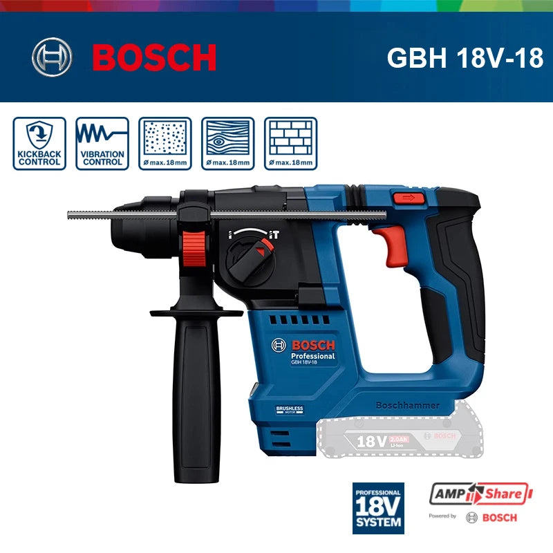 Trapani Bosch GBH 18V-18 / GBH18V-18X, pronti per l'uso in cantiere, con impugnatura ausiliaria ergonomica per un utilizzo controllato e senza fatica