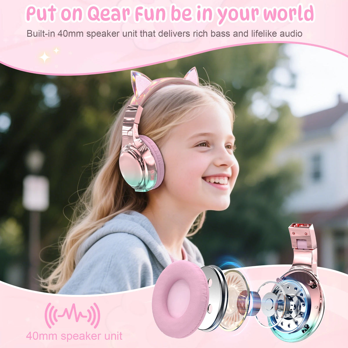 Cuffie wireless a forma di orecchie di gatto per ragazze e bambini, cuffie Bluetooth con volume sicuro 74/85/94dB, cuffie pieghevoli per bambini, ideali per i viaggi
