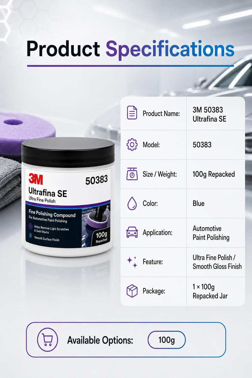 Lucidante Professionale 3M 50383 Ultrafina SE per Vernice Auto, Rimuovi Graffi e Ologrammi, Dettagliatura, Finitura Lucida, 100g Riconfezionato