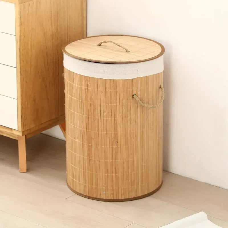 Cesto per Bucato Pieghevole di Grande Capacità, Contenitore in Bambù Rotondo per Organizzare Vestiti, Cesto Compatto per la Casa
