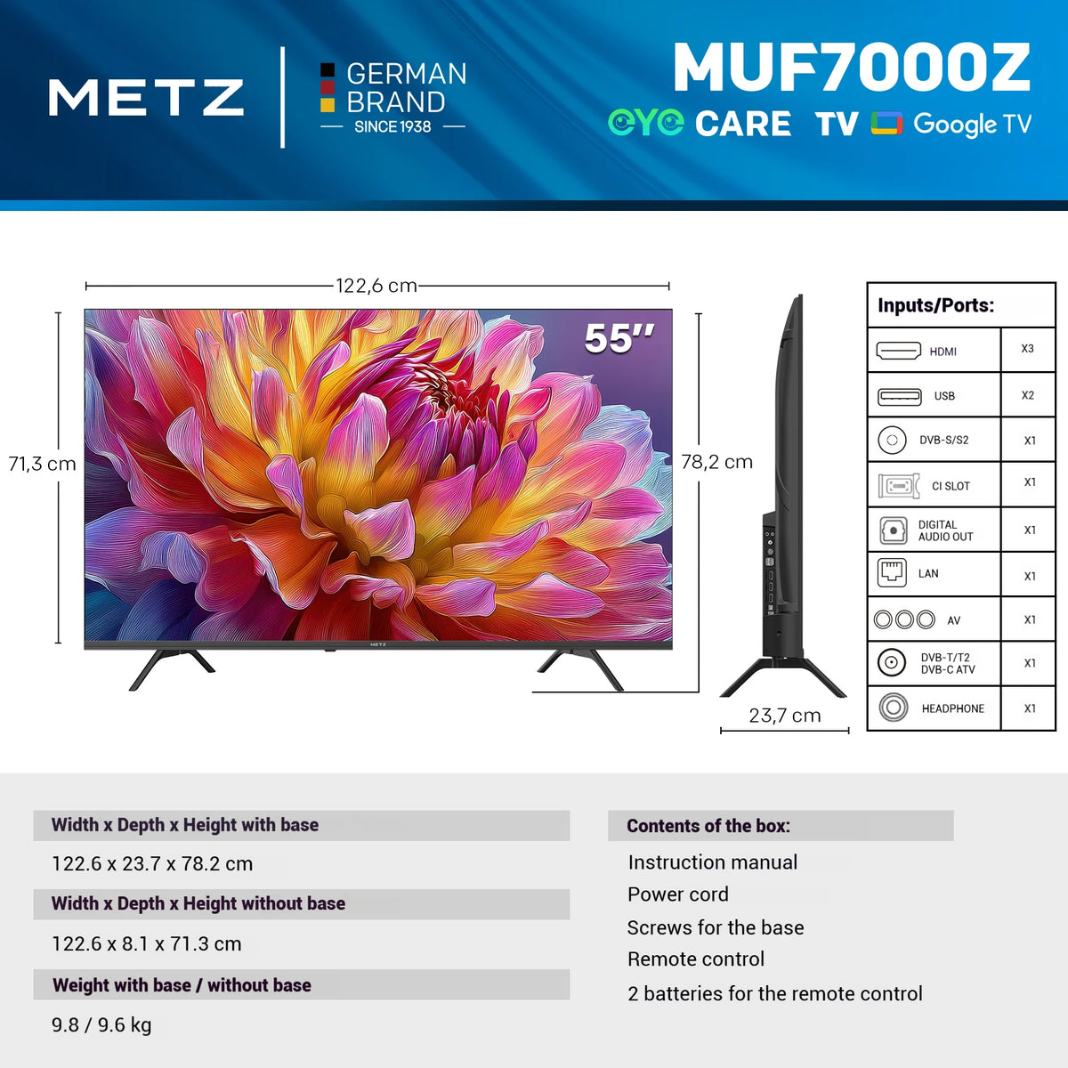 Metz TV 43 55 pollici 4K UHD Smart TV LED Google TV HDR 10 MEMC Dolby Audio Google Cast Sintonizzatore di controllo vocale 43MUF7000Z 55MUF7000Z