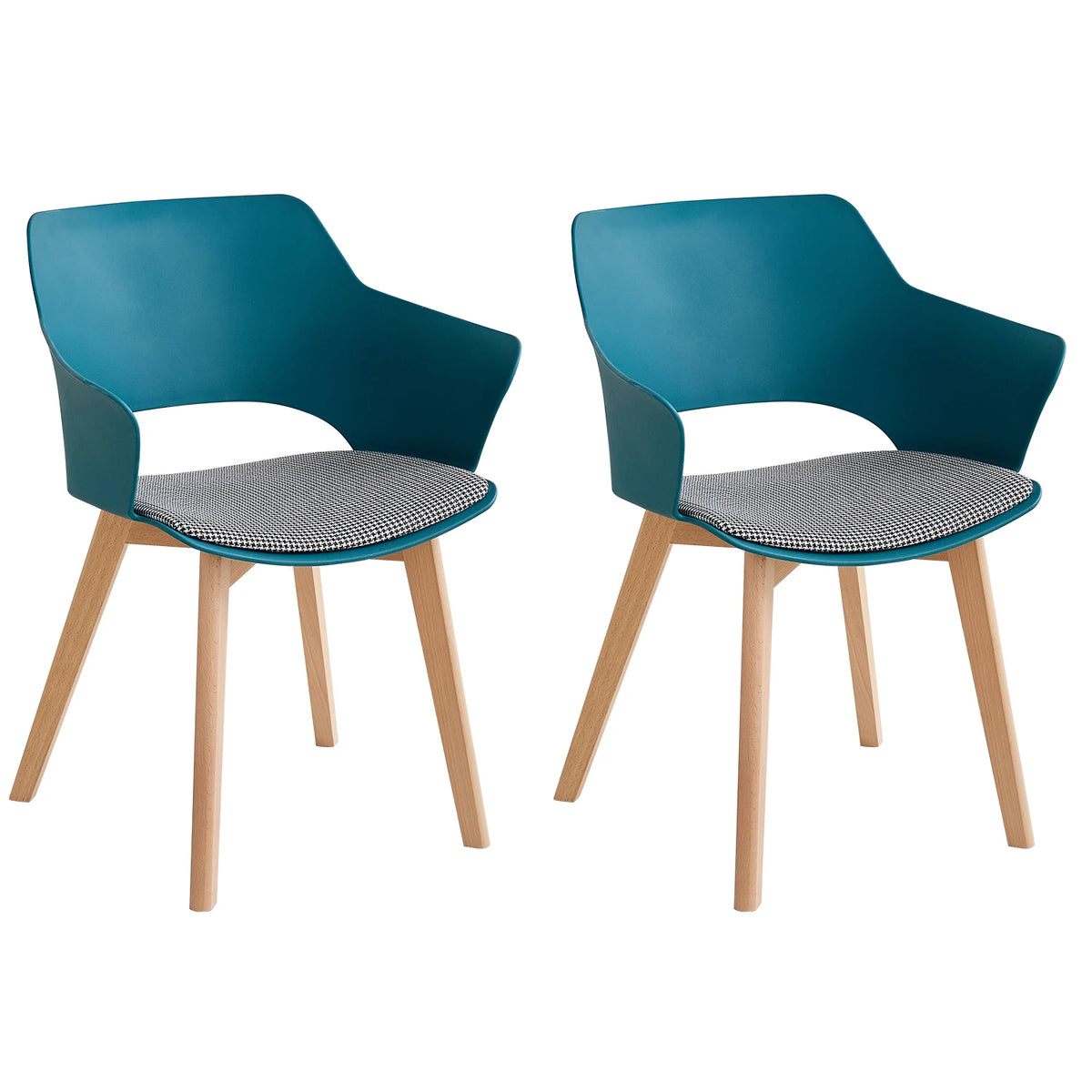 Sedie da pranzo moderne da 2 pezzi con braccioli - Guscio in PP + Gambe in legno + Cuscino in tessuto pied de poule per cucina, soggiorno, caffè
