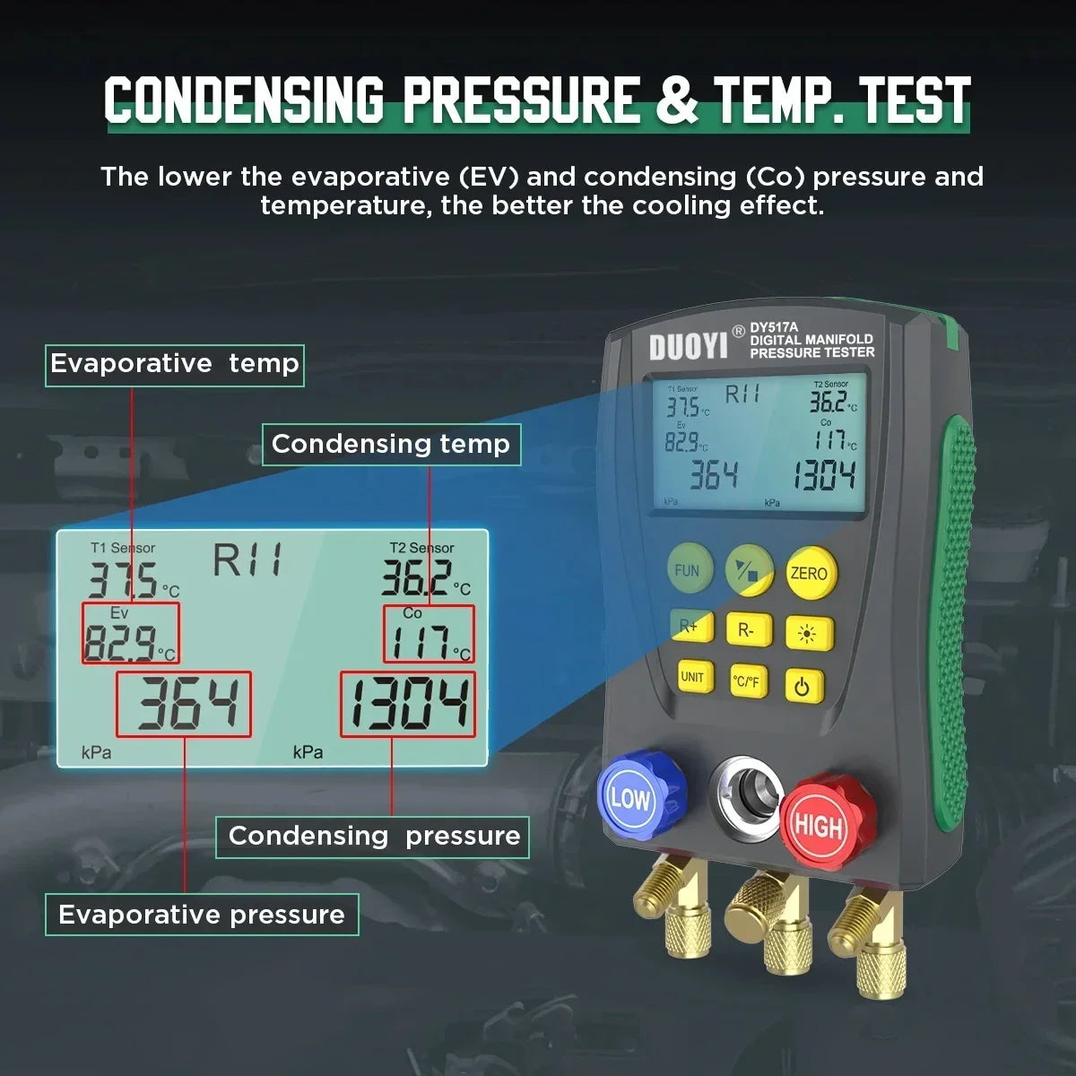 Manometro digitale per refrigerazione, rilevatore di temperatura dell'aria condizionata, kit di strumenti multifunzione per test della pressione del vuoto