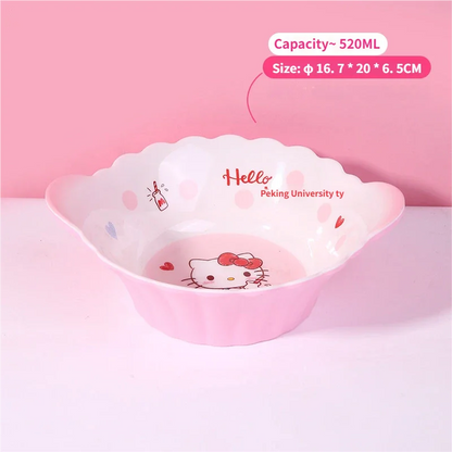 WUHE Set di Stoviglie per Bambini Hello Kitty, Ciotole e Piatti in Melamina, Design Cartoon per Ragazze, Senza BPA, Infrangibile, Lavabile in Lavastoviglie