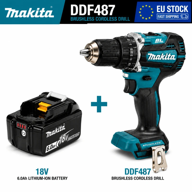 Trapano Avvitatore a Batteria Brushless Makita 18V LXT DDF487 10mm ad Alta Coppia + Batteria BL1860B BL1840 6.0Ah - Spedizione Veloce da Magazzino EU