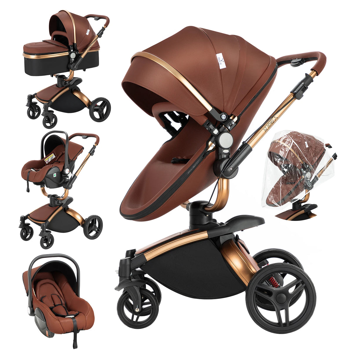 Sistema di trasporto per bambini 3 in 1 con seggiolino auto per neonati e navicella, passeggino pieghevole reversibile a 360 gradi, carrozzina alta per neonati fino a 3 anni, cintura di sicurezza a 5 punti, tettuccio in pelle
