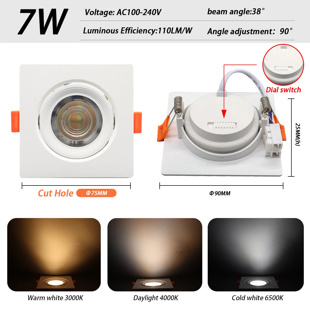 Faretto Orientabile 7W con Regolazione Colore 3000K 4000K 6000K, Illuminazione CCT 7W, Sostituzione Downlight per Illuminazione Direzionale Domestica (1-10 Pezzi)