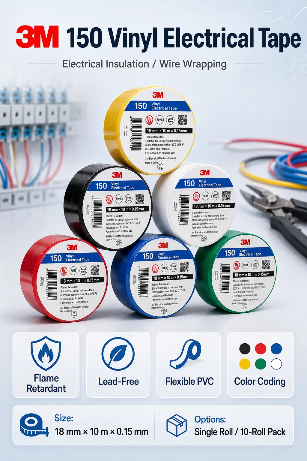 Nastro isolante in PVC 3M 150, ignifugo, senza piombo, per la riparazione di cavi e fili elettrici, 6 colori, 18mmx10m