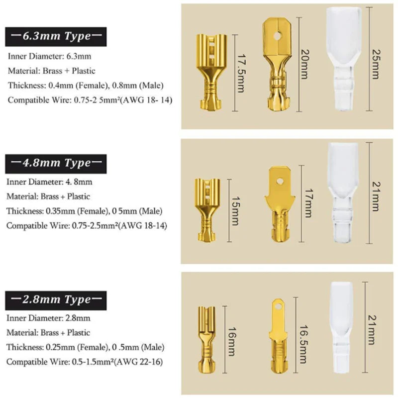 Confezione da 180 pezzi, terminale a crimpare oro/argento, aggancio maschio e femmina 2,8/4,8/6,3 mm, connettore cavo, terminali elettrici