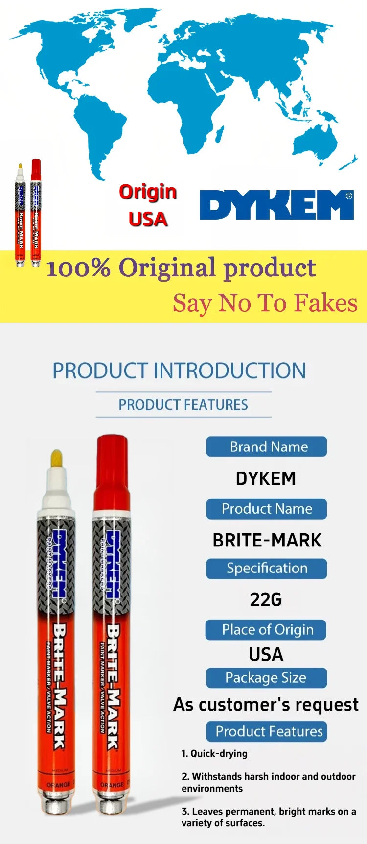 DYKEM BRITE-MARK Pennarello Permanente Medio, Penna Industriale a Rapida Asciugatura per Metallo, Plastica, Gomma, Vetro, Legno