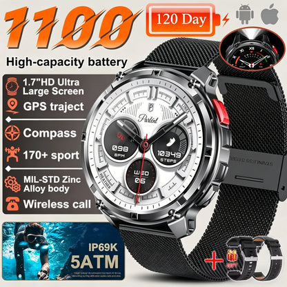 Nuovo Smartwatch T-REX3 Ultra con Batteria da 1100mAh, Impermeabile 10ATM, GPS, Bussola, Torcia, Display AMOLED HD da 1.7'', Chiamate, Orologio Sportivo Intelligente per Uomo