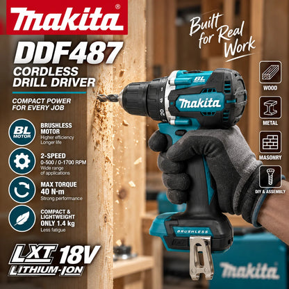 Per trapano avvitatore a batteria Makita DDF487, utensile elettrico compatto e senza spazzole, trapano ad alta coppia per lavori di falegnameria fai-da-te e uso professionale.