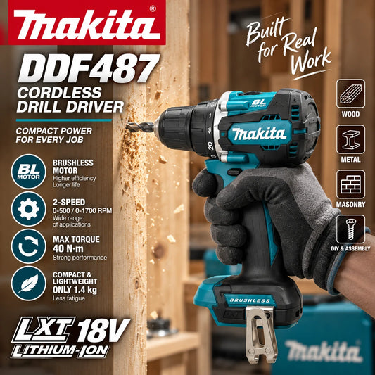 Per trapano avvitatore a batteria Makita DDF487, utensile elettrico compatto e senza spazzole, trapano ad alta coppia per lavori di falegnameria fai-da-te e uso professionale.