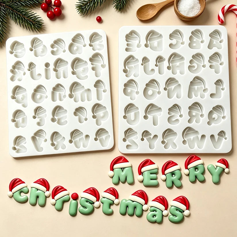 Stampo in silicone a forma di cappello di Babbo Natale con alfabeto e numeri per decorazioni in zucchero, resina, cupcake, pasticceria e decorazione di torte