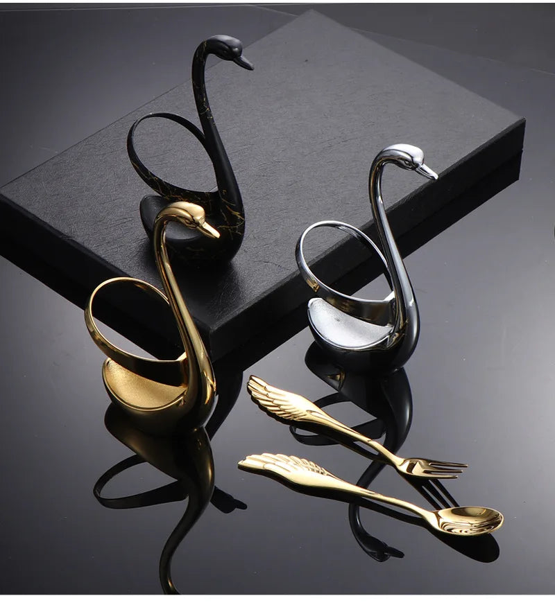 Set di forchette eleganti con base a forma di cigno, cucchiaio da caffè, dessert e insalata in acciaio inossidabile, posate per torte, stoviglie a zero sprechi, dropship