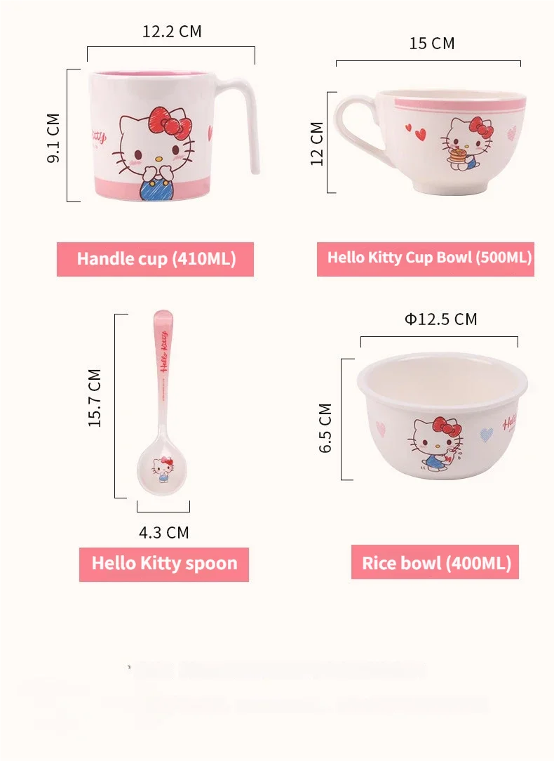 WUHE Set di Stoviglie per Bambini Hello Kitty, Ciotole e Piatti in Melamina, Design Cartoon per Ragazze, Senza BPA, Infrangibile, Lavabile in Lavastoviglie
