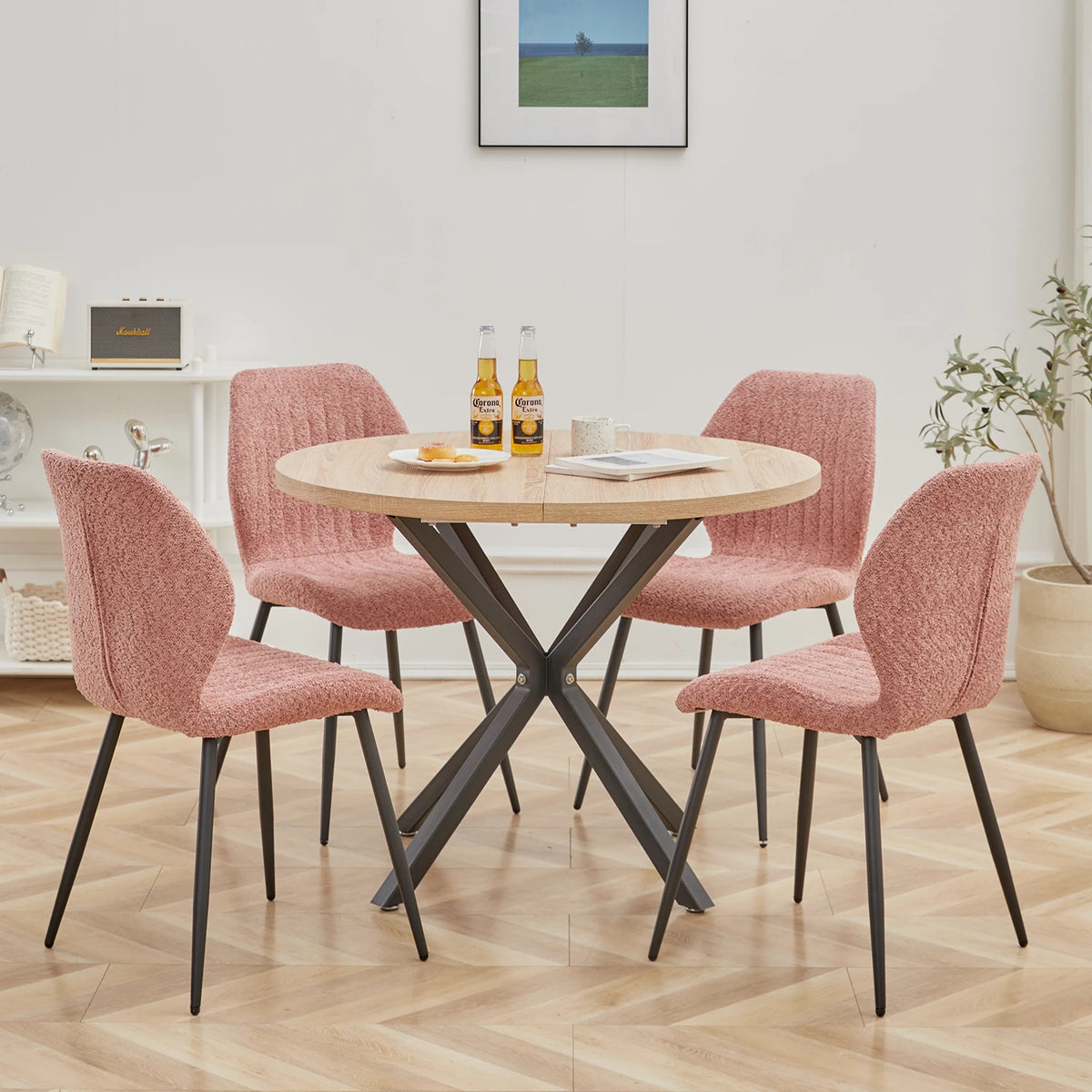 Tavolo da pranzo rotondo in stile nordico EGOONM, 100 cm, piano in MDF, gambe in metallo nero, ideale per sala da pranzo, cucina e arredamento della casa.