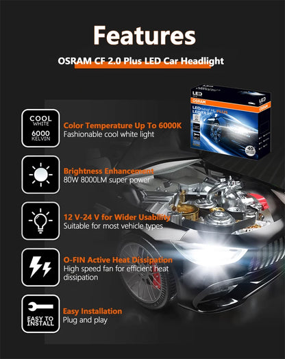 Lampade LED OSRAM H4 H7 H11 HIR2 HB3 LEDriving CF 2.0 Plus per Fari Auto, 80W 8000LM, Luminose H1 H8 H16 9005 9006 HB4, Luce Bianca 6000K