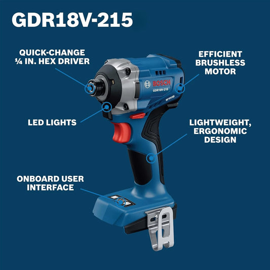 Bosch GDR 18V‑215 Avvitatore a Impulsi Senza Spazzole 215Nm 3300RPM, Compatto per Spazi Ristretti, per Viti Lunghe e Lavori su Legno Duro
