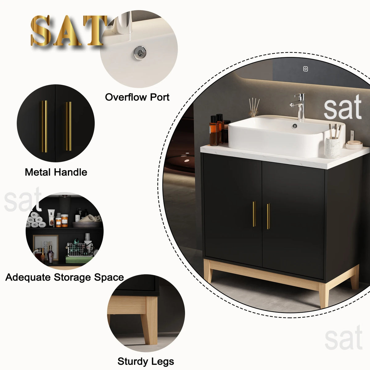 Mobile da bagno moderno con lavabo e 2 ante portaoggetti, mobile lavabo con porta troppopieno e maniglie in metallo, nero