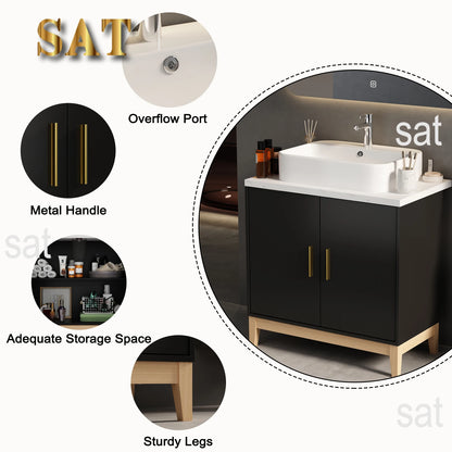 Mobile da bagno moderno con lavabo e 2 ante portaoggetti, mobile lavabo con porta troppopieno e maniglie in metallo, nero