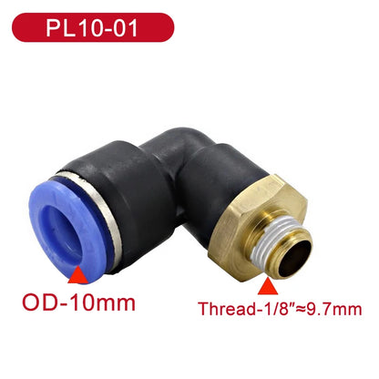 Set di 5 connettori pneumatici a gomito con filettatura maschio da 1/8', 1/4', 3/8', 1/2' per tubi dell'aria da 4/6/8/10/12 mm