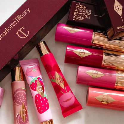 Charlotte Brand Blush in stick colorato, lucidalabbra idratante al collagene, rossetto in tubetto oro con diamante rosa, cosmetici Tilbury