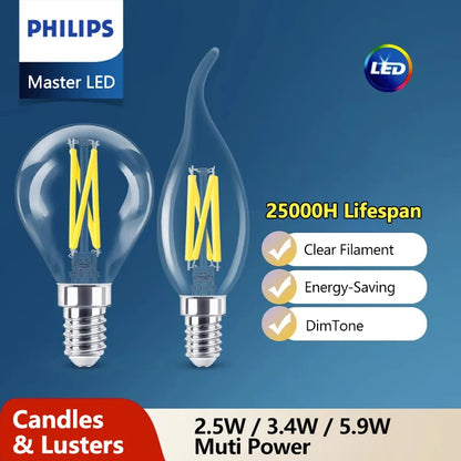 Philips Master Vetro LED Candela Lustro E14 E27 Lampadina Filamento B35 P45 A60 Lampada trasparente DimTone Dimimmable Luce bianca calda per interni