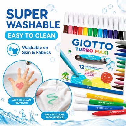 Pennarelli Lavabili GIOTTO Turbo Maxi 12 Colori Punta Larga 5mm per Disegno e Colorazione Bambini Scuola Arte