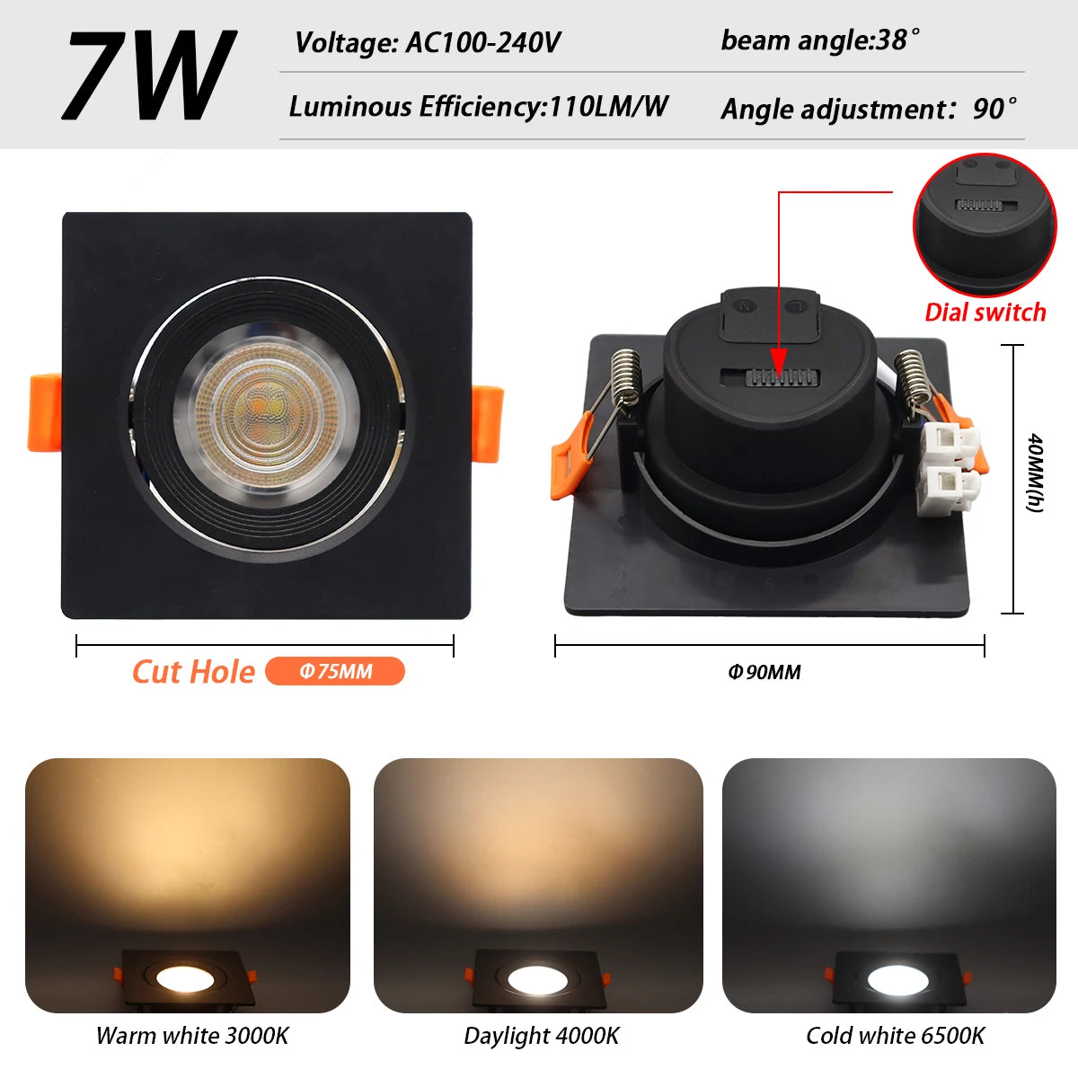Faretto Orientabile 7W con Regolazione Colore 3000K 4000K 6000K, Illuminazione CCT 7W, Sostituzione Downlight per Illuminazione Direzionale Domestica (1-10 Pezzi)