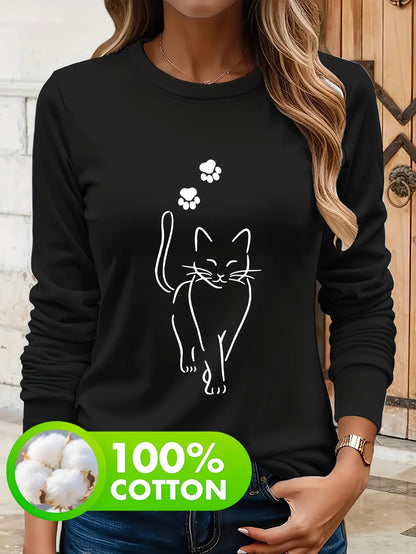 T-shirt da donna in 100% puro cotone, ideale per la primavera e l'autunno, comoda, casual, alla moda, con maniche lunghe, stampa grafica a tema felino e scollo rotondo.