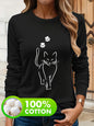 T-shirt da donna in 100% puro cotone, ideale per la primavera e l'autunno, comoda, casual, alla moda, con maniche lunghe, stampa grafica a tema felino e scollo rotondo.