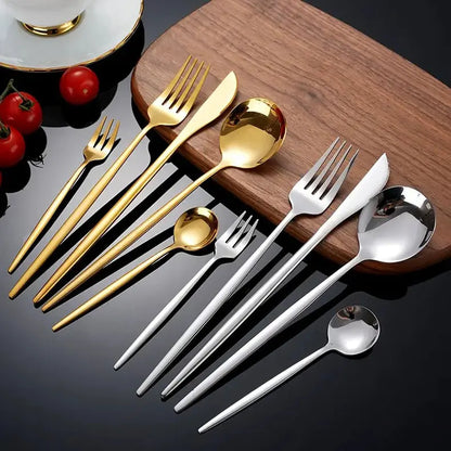 Set di posate dorate da 30 pezzi in acciaio inossidabile, coltelli, forchette, cucchiai, set di stoviglie per banchetti, ristoranti e ospiti