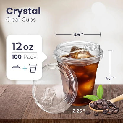 Confezione da 100 bicchieri di plastica trasparenti da 12/16/20/24 once, con coperchi a beccuccio senza cannuccia, bicchieri usa e getta per caffè, con coperchi, ideali per caffè freddo.