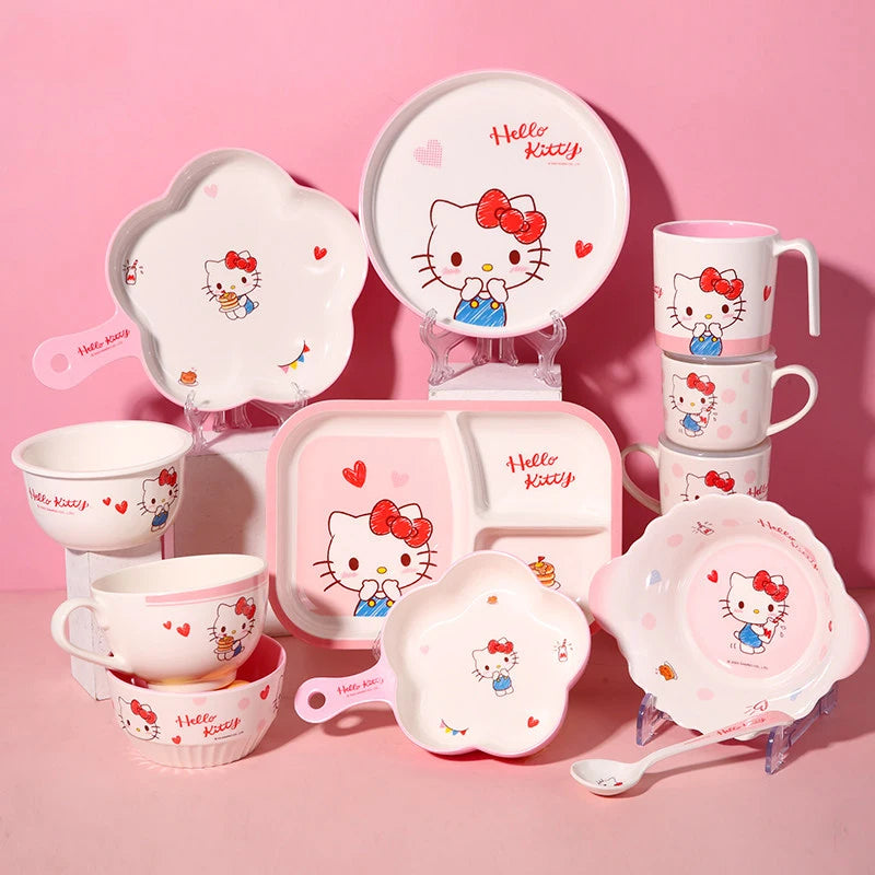 WUHE Set di Stoviglie per Bambini Hello Kitty, Ciotole e Piatti in Melamina, Design Cartoon per Ragazze, Senza BPA, Infrangibile, Lavabile in Lavastoviglie