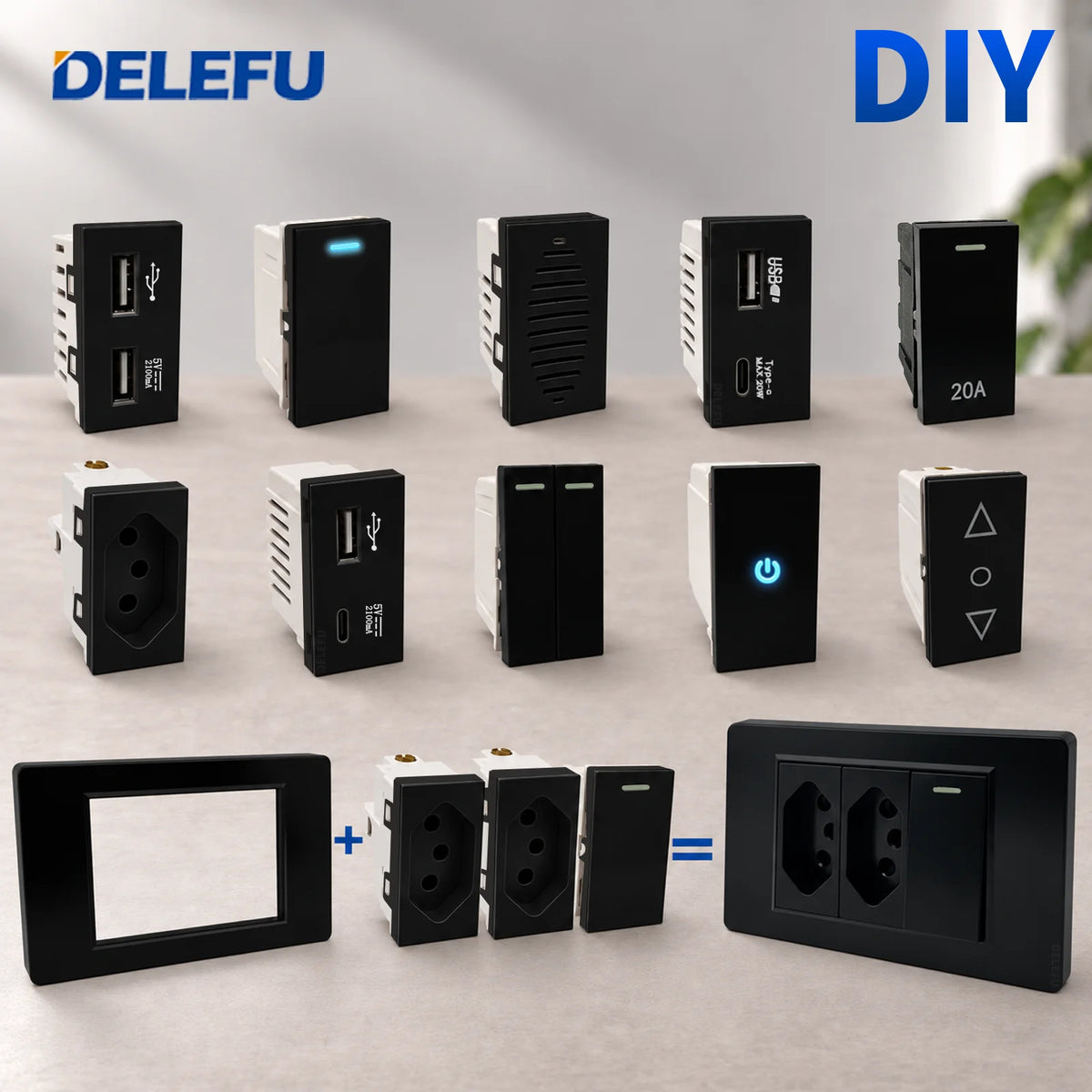 DELEFU Modulo Presa Combinabile Tipo-C Brasile - Uso Domestico - Nero - Assemblaggio Fai-da-te - Presa con Interruttore per Ricarica Rapida USB Tipo-C