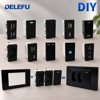 DELEFU Modulo Presa Combinabile Tipo-C Brasile - Uso Domestico - Nero - Assemblaggio Fai-da-te - Presa con Interruttore per Ricarica Rapida USB Tipo-C
