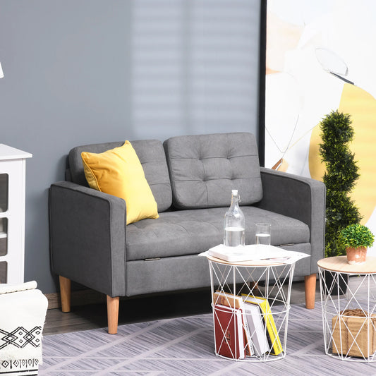 Divano a 2 Posti HOMCOM, Divano con Vano Contenitore, Gambe in Legno, Divano Imbottito Effetto Velluto per Soggiorno, Camera da Letto, 117x62x78 cm, Grigio