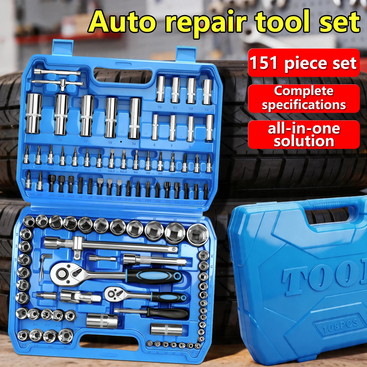 Set di Chiavi a Bussola da 53/82/108/151 Pezzi con Attacco da 1/4", 3/8", 1/2" e Kit di Punte a Cricchetto per Riparazione Auto e Moto, Utensili Manuali da Meccanico con Valigetta